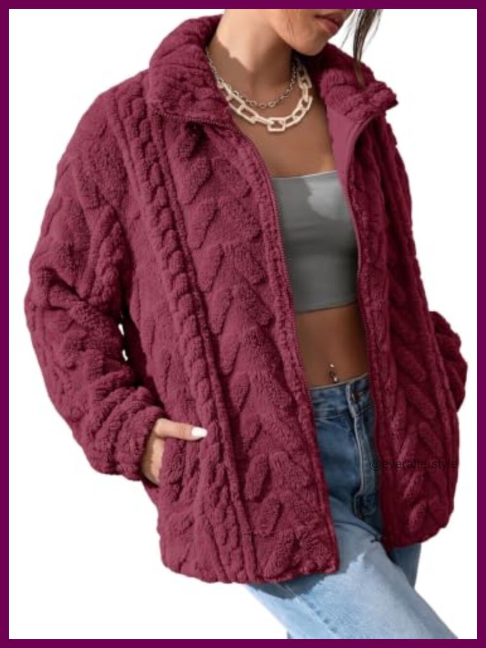 Women's Soft Fleece Zip Up Jacket Oversized Stand Collar Pockets Winter Coat